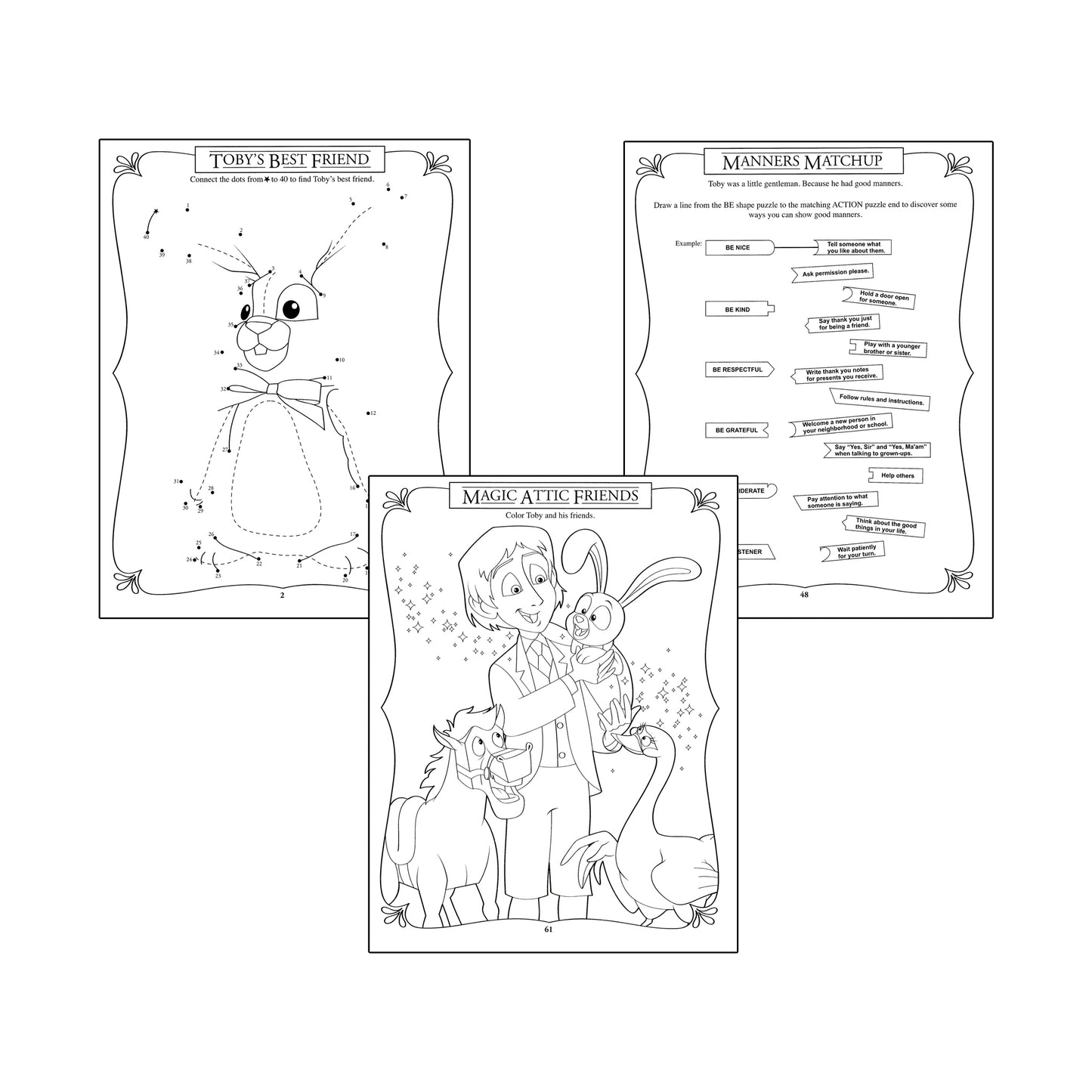 Preview of interior pages from The Velveteen Rabbit guided growth activity book showing friendship, manners, and imagination activities for children.