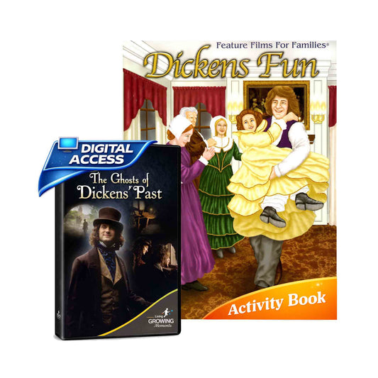 DVD and activity book set with 'Dickens Fun' branding featuring characters from Charles Dickens' era.