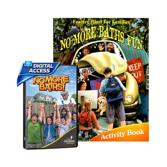 DVD and activity book set titled 'No More Baths Fun' with promotional text.