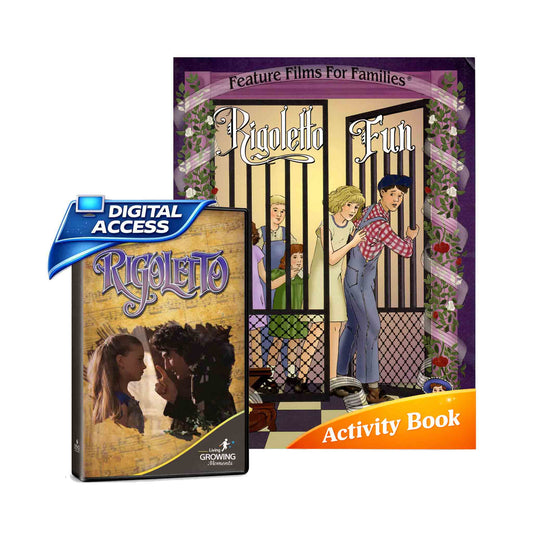Rigoletto DVD and activity book with digital access on a white background