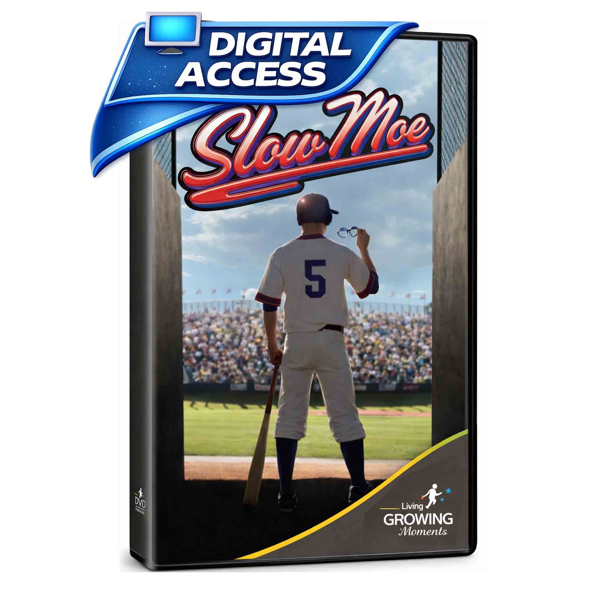 Baseball-themed product packaging with a player on a field, 'Digital Access Slow Moe' branding, and 'Growing Moments' logo.