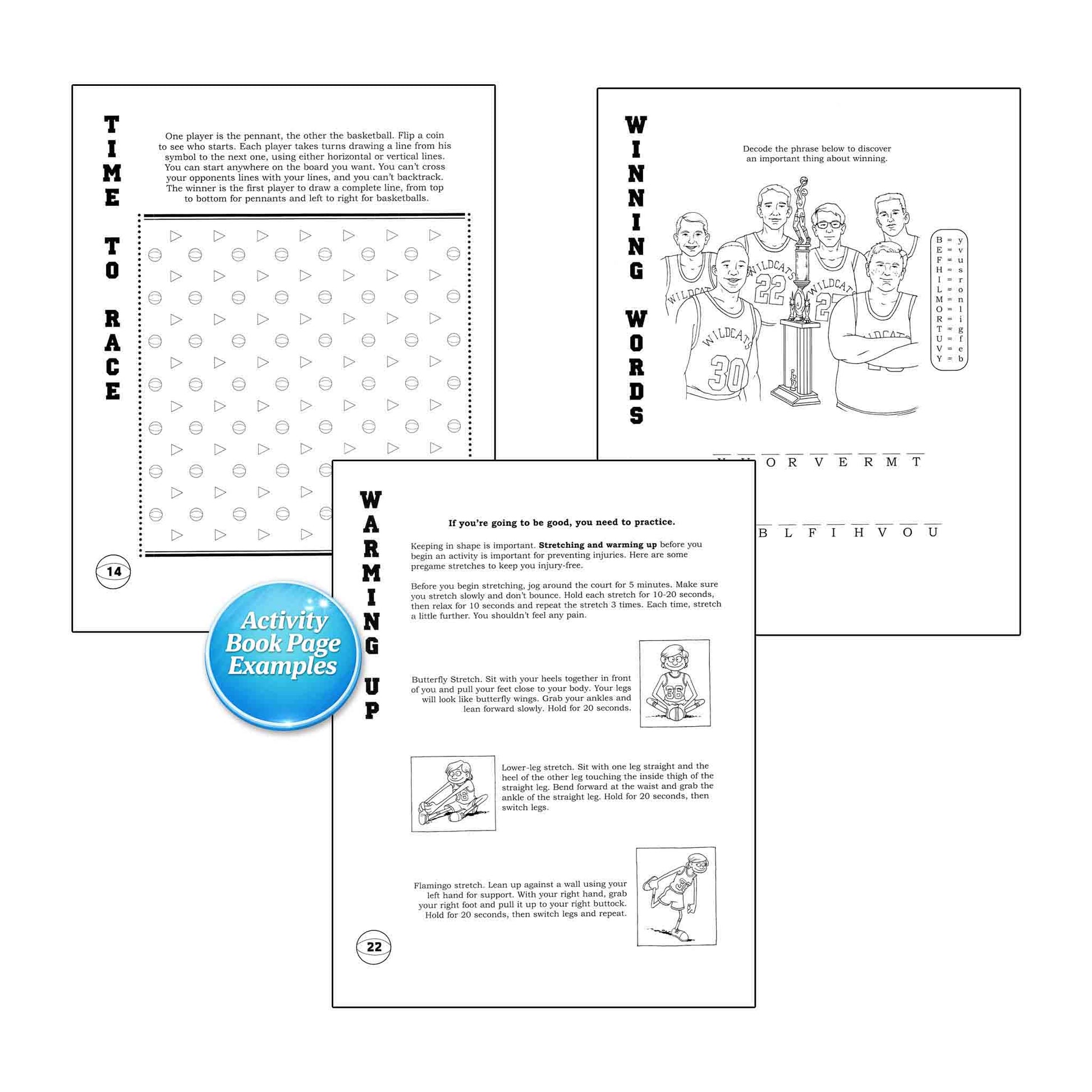 Sample pages from an activity book with text and illustrations on a white background