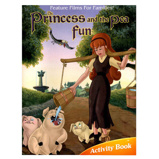 Cover of 'The Princess and the Pea' activity book with a woman and two pigs in a garden setting.