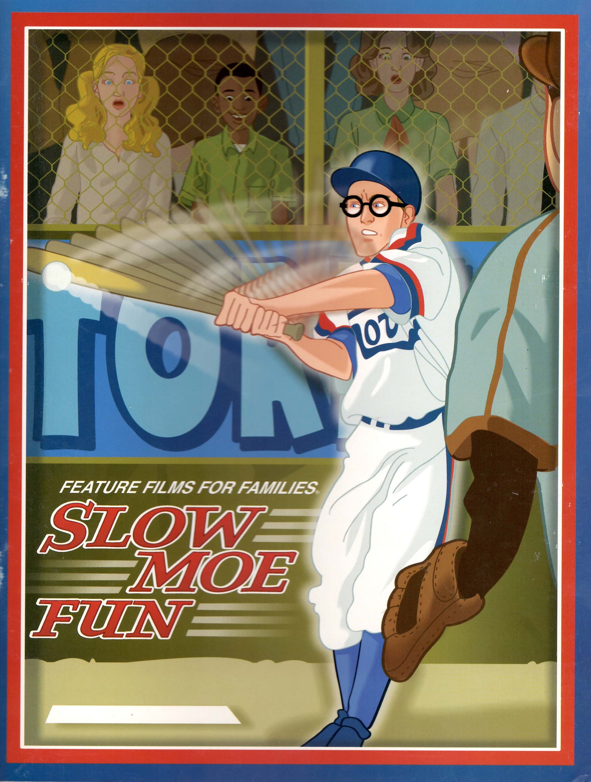 Vintage-style poster of a baseball player in action with text 'Slow Moe Fun' and 'Feature Films for Families'. Activity Book