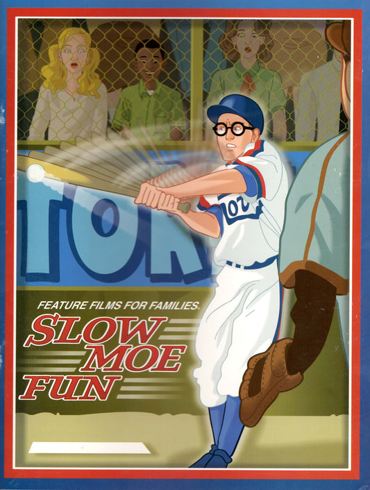 Vintage-style poster of a baseball player in action with text 'Slow Moe Fun' and 'Feature Films for Families'. Activity Book